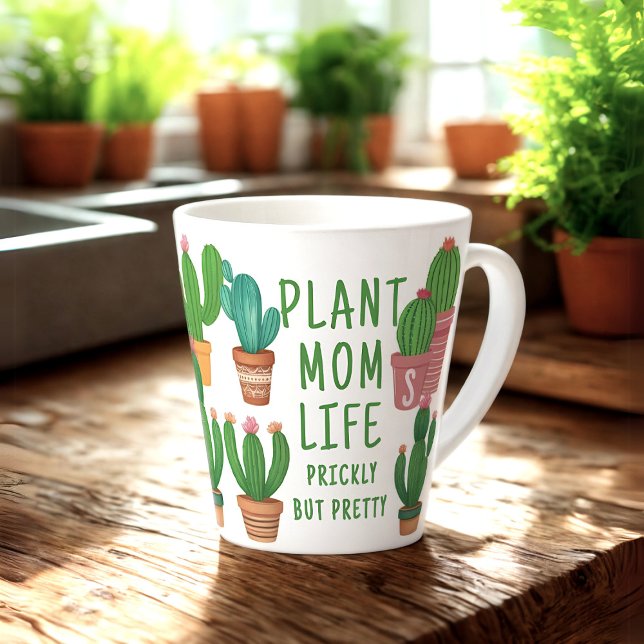 Funny Plant Mom Life Prickly Cactus Latte Mug (All about that Plant Mom Life? Add your initial to this cute cactus latte mug! Makes a great gift!)