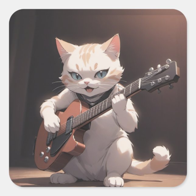  Funny Playing Guitar Cat Art Square Sticker (Front)