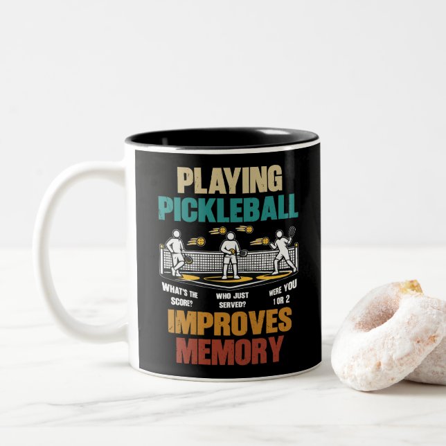 Funny Playing Pickleball Improves Memory Gift Idea Two-Tone Coffee Mug (With Donut)