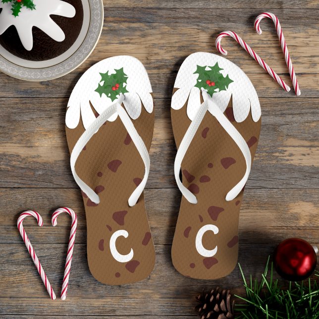Funny Plum Pudding Monogram Christmas in July Flip Flops (🎄Bring us some figgy pudding flip flops.Just add your initial. Perfect for wearing at Christmas 🎄 )