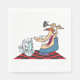Funny Plumber Unblocking A Toilet Napkin