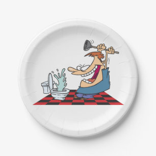 Funny Plumber Unblocking A Toilet Paper Plate