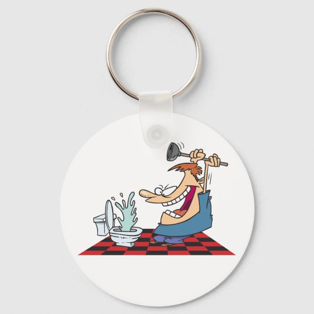 Funny Plumber with Toilet Plunge Humor Keychain (Front)
