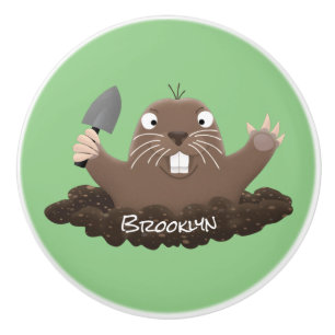 Funny pocket gopher digging cartoon illustration ceramic knob
