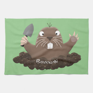 Funny pocket gopher digging cartoon illustration kitchen towel