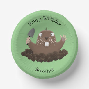 Funny pocket gopher digging cartoon illustration paper plate