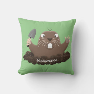 Funny pocket gopher digging cartoon illustration throw pillow