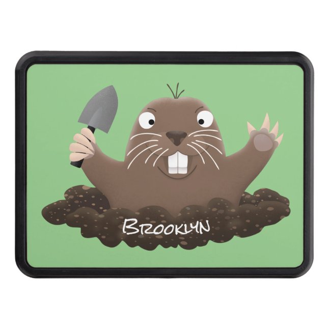 Funny pocket gopher digging cartoon illustration trailer hitch cover (Front)