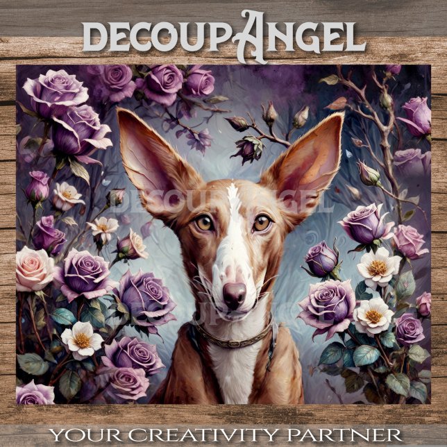 Funny Podengo with Lilac Roses Decoupage Tissue Paper (Creator Uploaded)