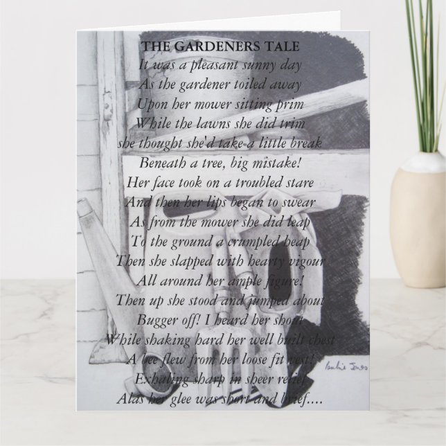 Funny poem and still life garden tools art card (Front)