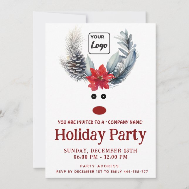 Funny poinsettia reindeer logo holiday corporate invitation (Front)