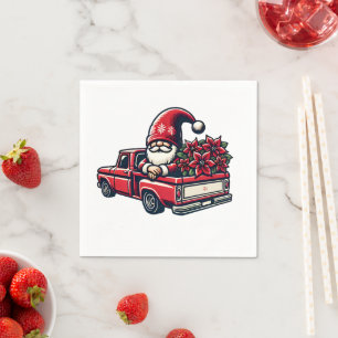 Funny Poinsettia Santa Gnome In Red Pickup Truck Napkin