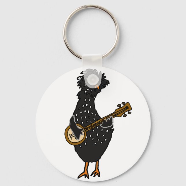 Funny Polish Chicken Playing Banjo Art Keychain (Front)