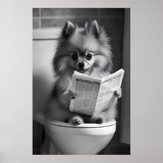 Funny Pomeranian Bathroom Print, Newspaper Reading Poster