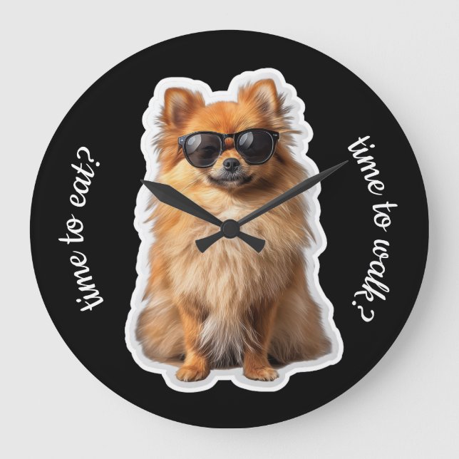 Funny Pomeranian Dog Time to Walk Time to Eat Large Clock (Front)
