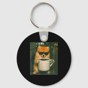 Funny pomeranian drinking coffee meme retro urban keychain