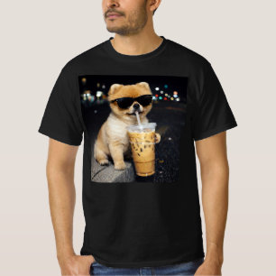 Funny Pomeranian Drinking Iced Coffee Cute Dog Mem T-Shirt