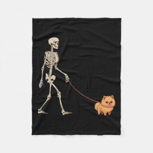 Funny Pomeranian Skeleton Dog Walking Halloween Fleece Blanket