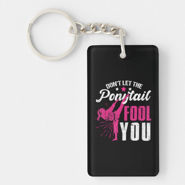 Funny Ponytail Girl Karate Taekwondo Judo Keychain (Front)