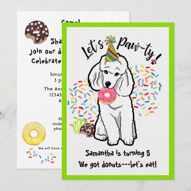 Funny Poodle Dog Doughnuts Birthday Party Invitation (Front/Back)