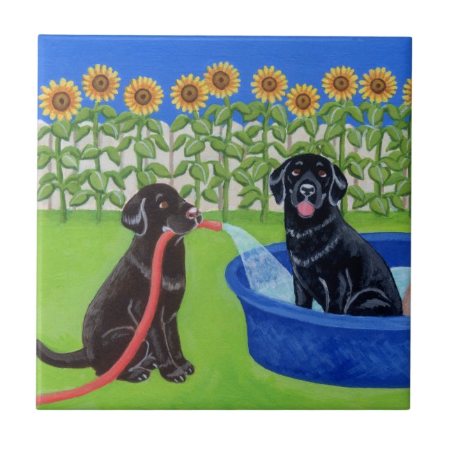 Funny Pool Party Labradors Tile (Front)