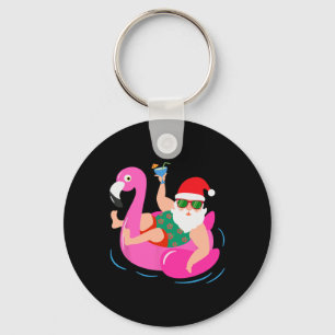 Funny Pool Party Santa Sungles Flamingo Christmas Keychain