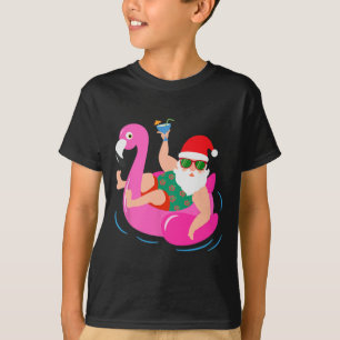 Funny Pool Party Santa Sungles Flamingo Christmas T-Shirt