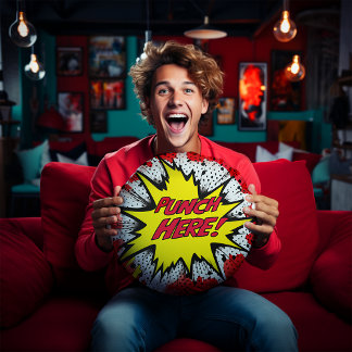 Funny Pop Art “Punch Here” Round Pillow