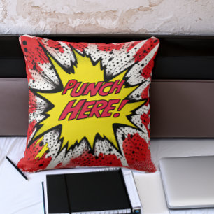 Funny Pop Art “Punch Here”  Throw Pillow