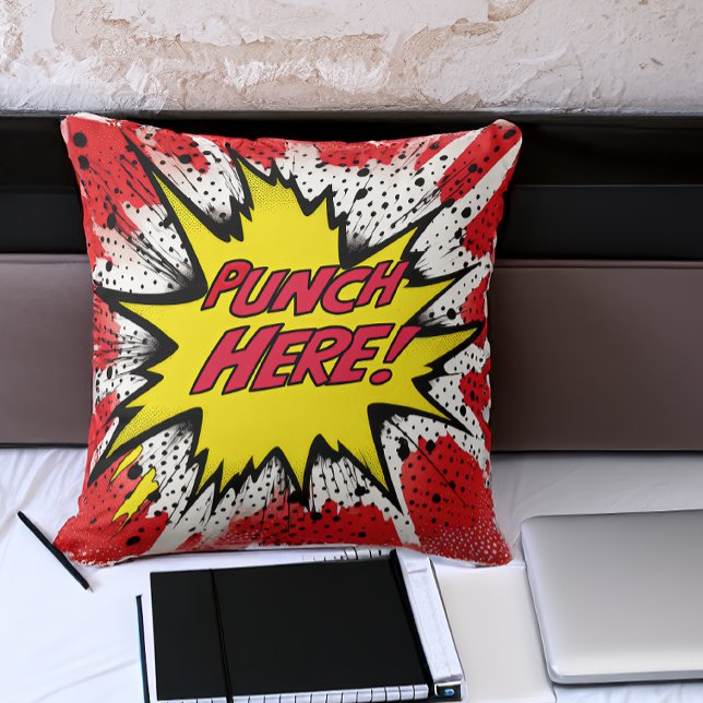 Funny Pop Art “Punch Here”  Throw Pillow (Creator Uploaded)