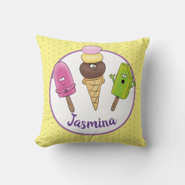 Funny popsicles and ice cream cartoon illustration throw pillow (Front)