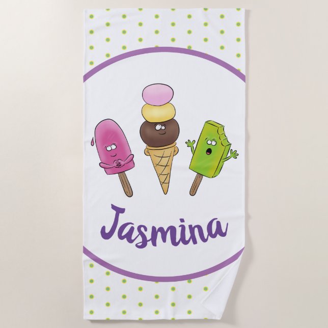 Funny popsicles and icecream cartoon illustration beach towel (Front)