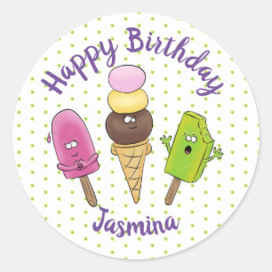 Funny popsicles and icecream cartoon illustration classic round sticker