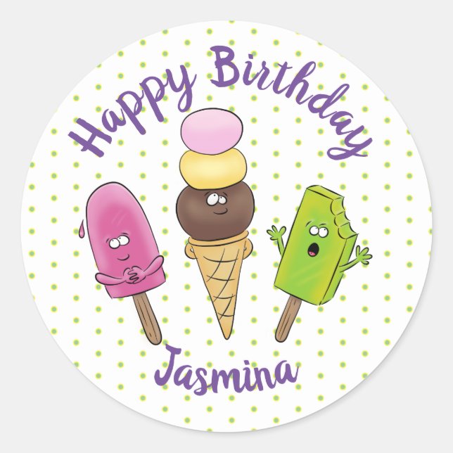Funny popsicles and icecream cartoon illustration classic round sticker (Front)