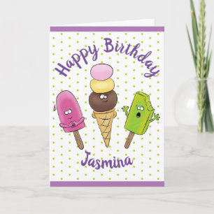 Funny popsychles and icecream cartoon illustration card