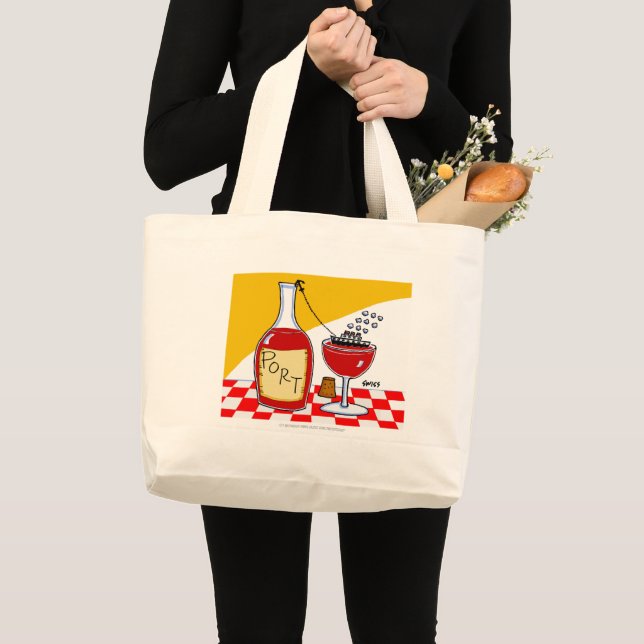 Funny Port Wine Cartoon Art with Cruise Ship Large Tote Bag (Front (Product))