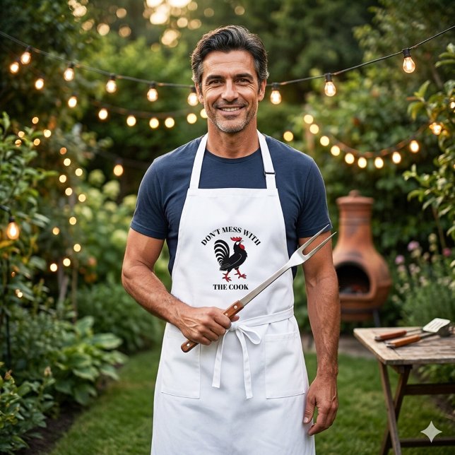 Funny Portuguese Rooster Don't Mess With The Cook Long Apron (Portuguese rooster cartoon apron with a funny Don't mess with the cook text or custom text)