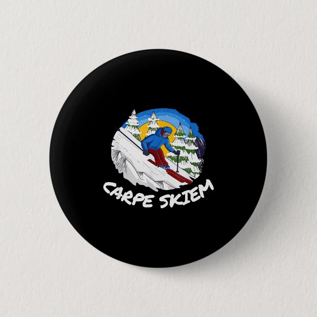Funny powder skiing carpe skiem  2 inch round button (Front)