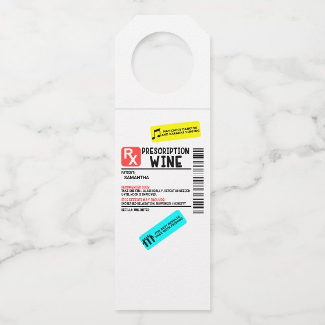 Funny Prescription Wine Warning Label Personalized Bottle Tag (Front)