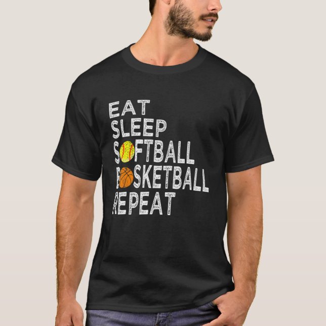 Funny Present Eat Sleep Softball Basketball Repeat T-Shirt (Front)