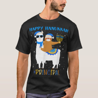 Funny Principal Llama Sloth Menorah Hanukkah Chanu T-Shirt