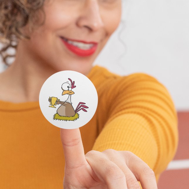 Funny Prize Chicken Holding Gold Trophy Classic Round Sticker (Creator Uploaded)