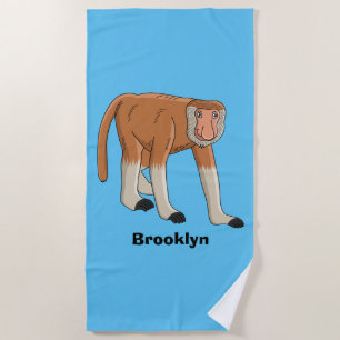 Funny proboscis monkey cartoon illustration beach towel