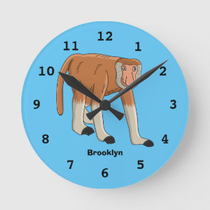 Funny proboscis monkey cartoon illustration round clock