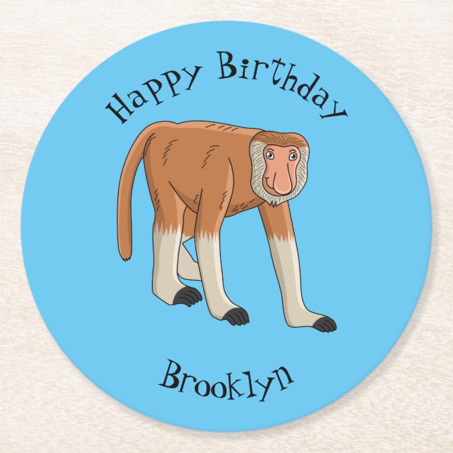Funny proboscis monkey cartoon illustration  round paper coaster (Front)