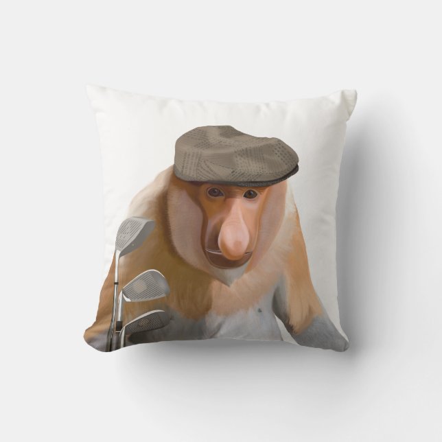 Funny Proboscis Monkey Golfer Throw Pillow (Front)