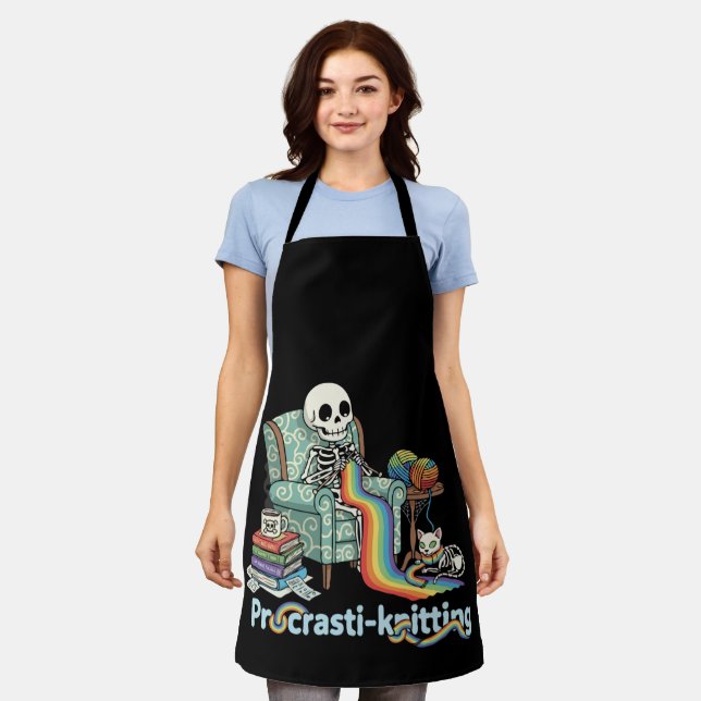  Funny Procrasti-knitting Skeleton and Cat with  Apron (Worn)