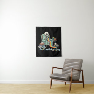 Funny Procrasti-knitting Skeleton and Cat with Tapestry
