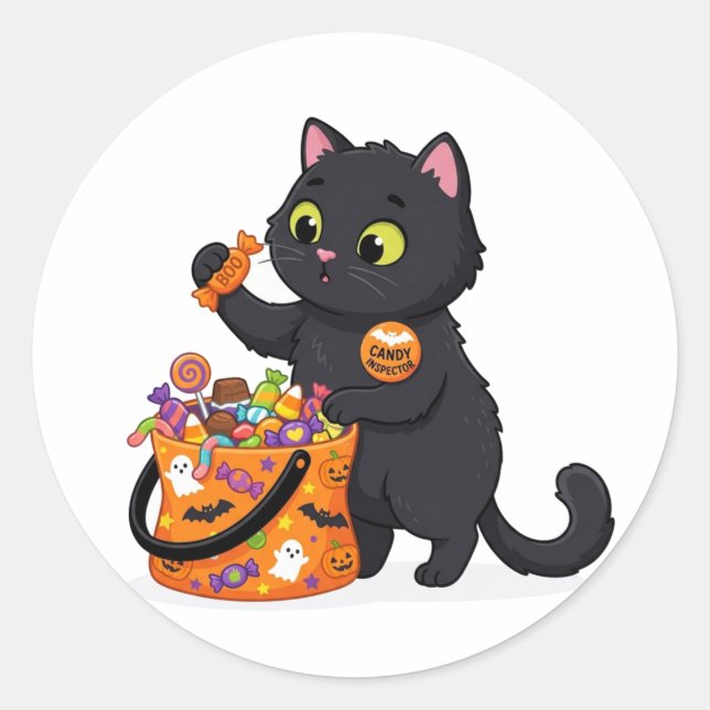 Funny Professional Candy Inspector Halloween Cat  Classic Round Sticker (Front)