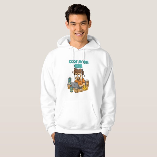 Funny Programmer Cartoon with "Code Mode: ON"  Hoodie (Front Full)